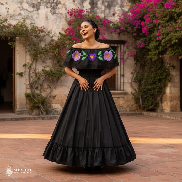 Traditional Mexican Embroidered Floral Dress Set – Handmade Two-Piece - Picture 2 of 7